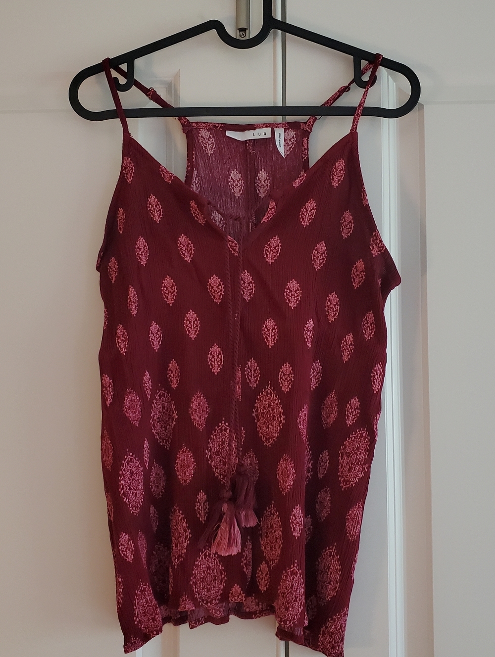 LUQ Maroon Pink Women's Romantic Tank Top with Tassle Tie Summer Size Med
